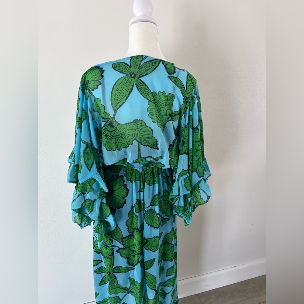 CAbi Derby Dress Light Blue & Green Flutter Sleeve True Wrap Midi Dress Small - Picture 8 of 11